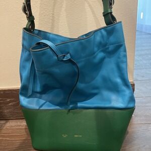 Celine Bicolor Tote Bag With Shoulder Strap And Pouch Insert, Green & Blue